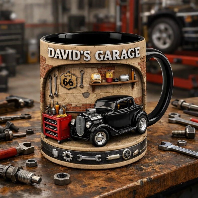 Personalized Garage Mug, Custom Mechanic Mug With Name, Car Lover Coffee Mug, Auto Mechanic Gift, Classic Car Garage Mug