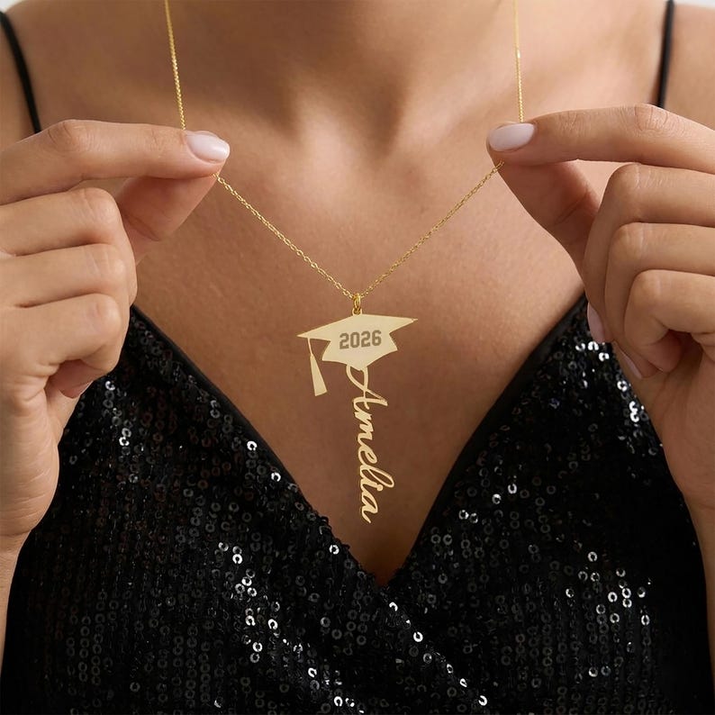 Graduation Name Necklace, Custom Grad Pendant, Senior Gift Jewelry, High School Graduation Gift, Grad Cap Necklace for Her