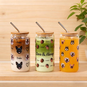Custom Pet Portrait Glass Cup with Bamboo Lid, Personalized Dog Face Glass Can with Straw, Custom 16oz Iced Coffee Glass Tumbler with Photo