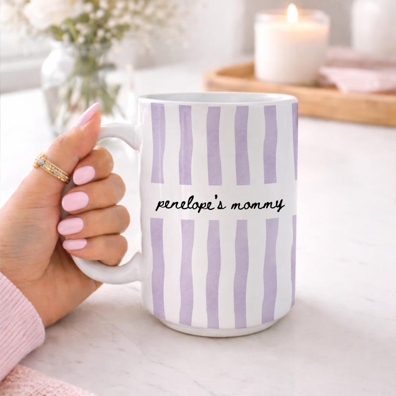 Custpom New Mom Mug: Custom Stripe Coffee Cup First Time Mom Gift, New Parent Gift, Mother's Gift, Future Mom Gift, New Baby Gift for Mom