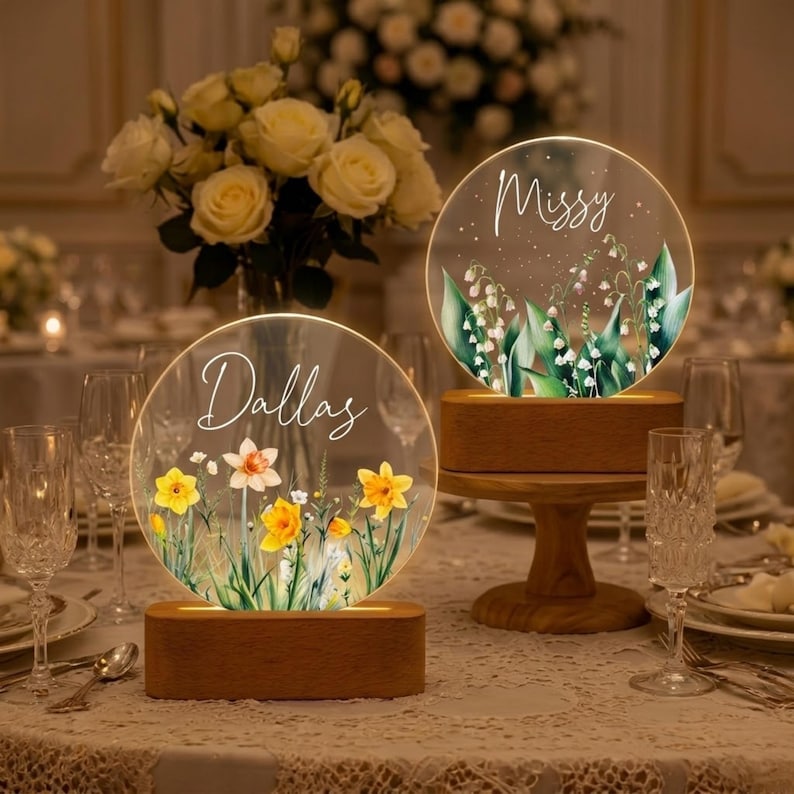 Custom Wildflower Acrylic Lamp: Personalized LED Night Light for Mom, Grandma, Nana
