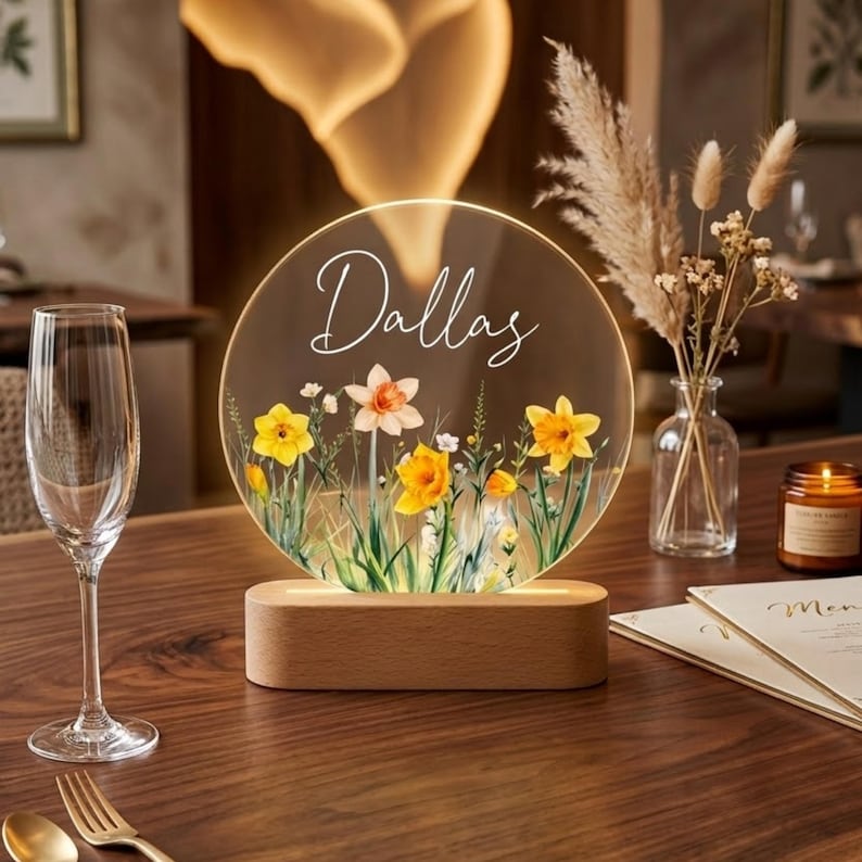 Custom Wildflower Acrylic Lamp: Personalized LED Night Light for Mom, Grandma, Nana