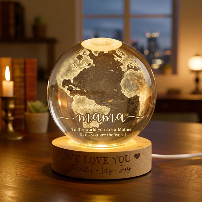 Personalized Mom Crystal Ball LED Night Light, Custom Mother Day Gift, World Map Lamp, LED Wooden Base Keepsake from Kids
