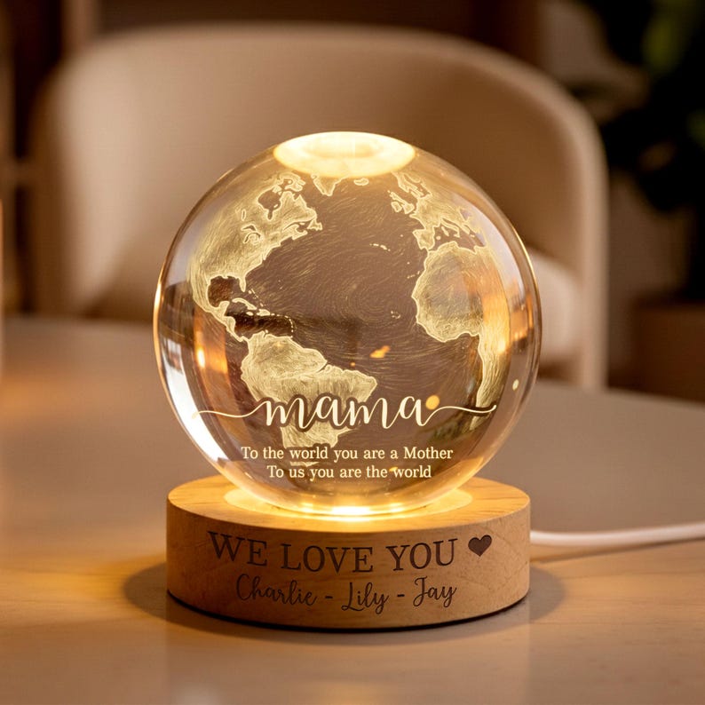 Personalized Mom Crystal Ball LED Night Light, Custom Mother Day Gift, World Map Lamp, LED Wooden Base Keepsake from Kids