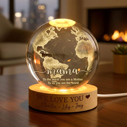 Personalized Mom Crystal Ball LED Night Light, Custom Mother Day Gift, World Map Lamp, LED Wooden Base Keepsake from Kids