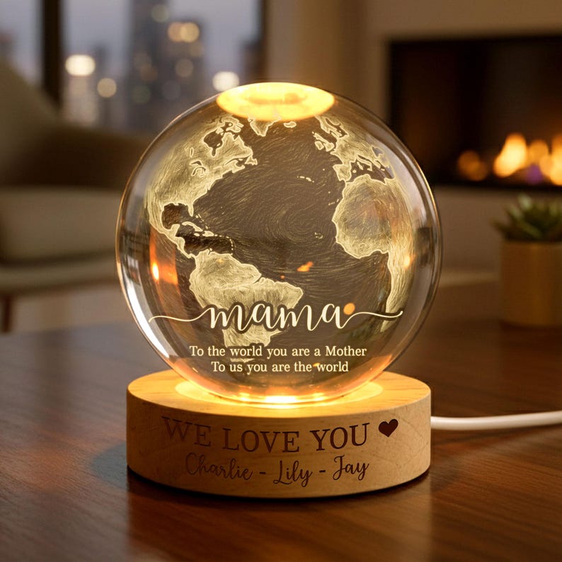 Personalized Mom Crystal Ball LED Night Light, Custom Mother Day Gift, World Map Lamp, LED Wooden Base Keepsake from Kids