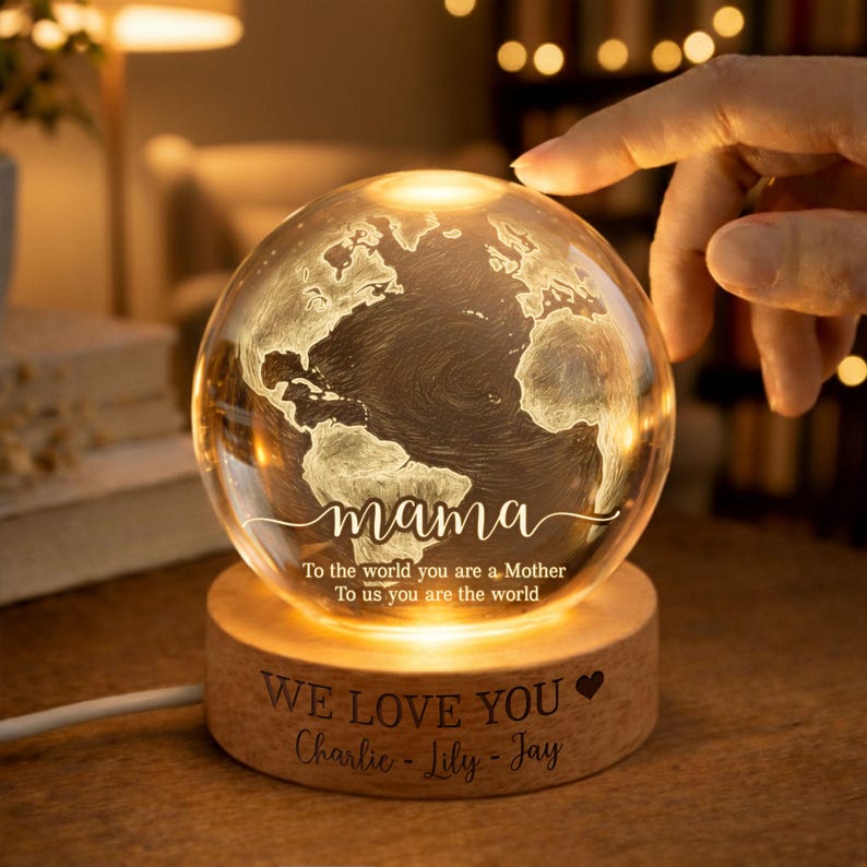 Personalized Mom Crystal Ball LED Night Light, Custom Mother Day Gift, World Map Lamp, LED Wooden Base Keepsake from Kids