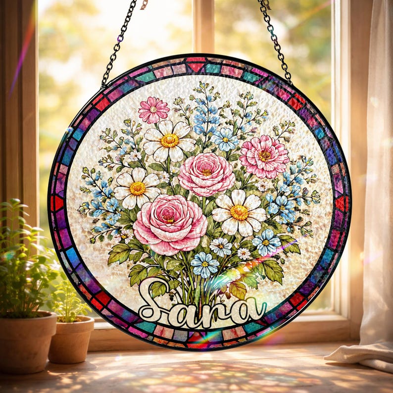 Personalized Mom Garden Suncatcher, Birth Flower Stained Glass Window Hanging, Mother s Day Gift, Grandma Nana Gift, Birthday Gift for her
