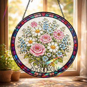 Personalized Mom Garden Suncatcher, Birth Flower Stained Glass Window Hanging, Mother s Day Gift, Grandma Nana Gift, Birthday Gift for her