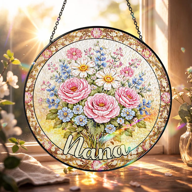 Personalized Mom Garden Suncatcher, Birth Flower Stained Glass Window Hanging, Mother s Day Gift, Grandma Nana Gift, Birthday Gift for her