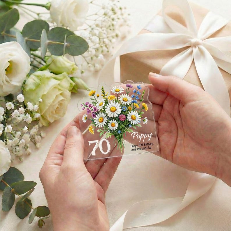 Personalised 70th Birthday Plaque Wildflower Daisy Acrylic Gift for Mum Nan Grandma