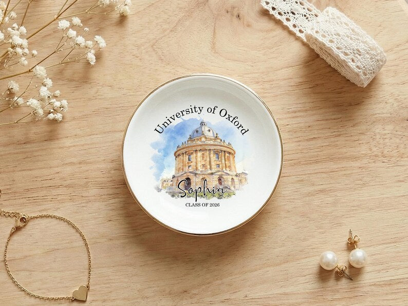 Custom University Photo Trinket Dish, Personalized Ceramic Jewelry Tray, Graduation Gift for Daughter, Class of 2026 Graduate Keepsake