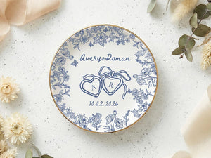 Personalized Engagement Ring Dish, Custom Couple Name Trinket Dish, Floral Wedding Ring Holder, Bridal Shower Gift, Keepsake Plate