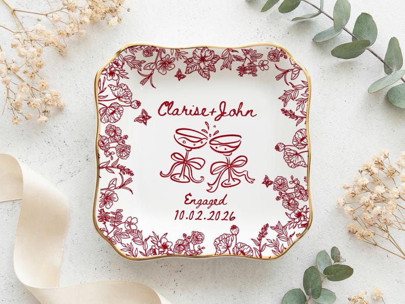 Personalized Engagement Ring Dish, Custom Couple Name Trinket Dish, Floral Wedding Ring Holder, Bridal Shower Gift, Keepsake Plate