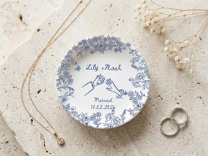 Personalized Engagement Ring Dish, Custom Couple Name Trinket Dish, Floral Wedding Ring Holder, Bridal Shower Gift, Keepsake Plate