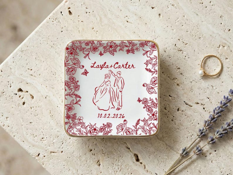 Personalized Engagement Ring Dish, Custom Couple Name Trinket Dish, Floral Wedding Ring Holder, Bridal Shower Gift, Keepsake Plate
