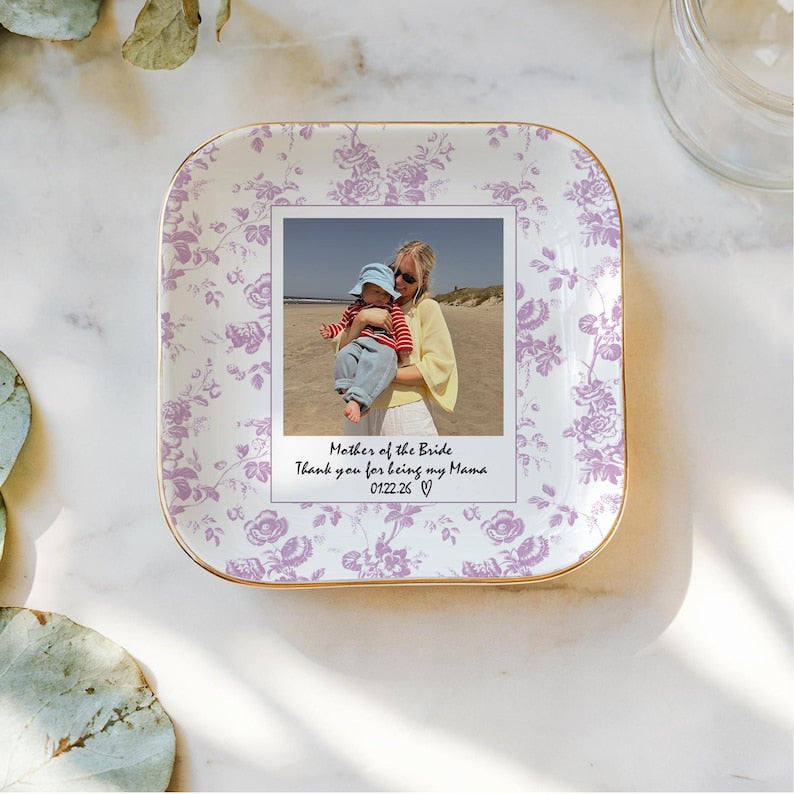 Personalized Mom Photo Jewelry Dish, Custom Photo Wedding Ring Dish, Toile De Jouy Photo Trinket Tray, Mother Of The Bride Gift, MOB Gifts