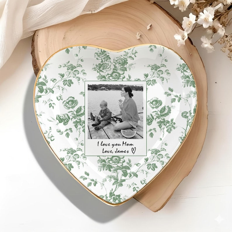 Personalized Mom Photo Jewelry Dish, Custom Photo Wedding Ring Dish, Toile De Jouy Photo Trinket Tray, Mother Of The Bride Gift, MOB Gifts