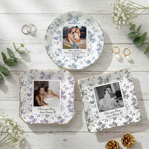 Personalized Mom Photo Jewelry Dish, Custom Photo Wedding Ring Dish, Toile De Jouy Photo Trinket Tray, Mother Of The Bride Gift, MOB Gifts