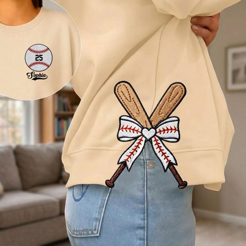 Personalized Baseball Side Bow Cut-Out Sweatshirt, Custom Name Number Sweatshirt, Baseball Mom Embroidered Sweatshirt, Baseball Coquette Bow