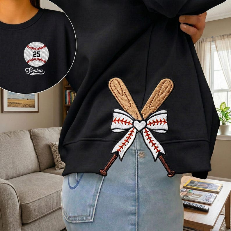Personalized Baseball Side Bow Cut-Out Sweatshirt, Custom Name Number Sweatshirt, Baseball Mom Embroidered Sweatshirt, Baseball Coquette Bow