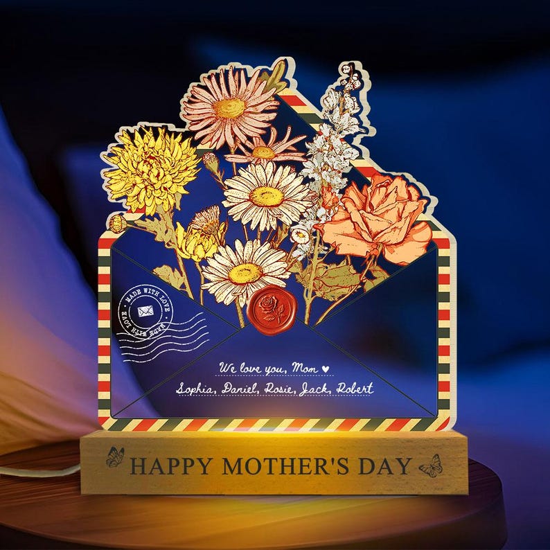Custom Birth Month Flowers LED Light Lamp Mother's Day Gift For Mom, Grandma's Garden Birthday Gifts Family Keepsake Home Decor