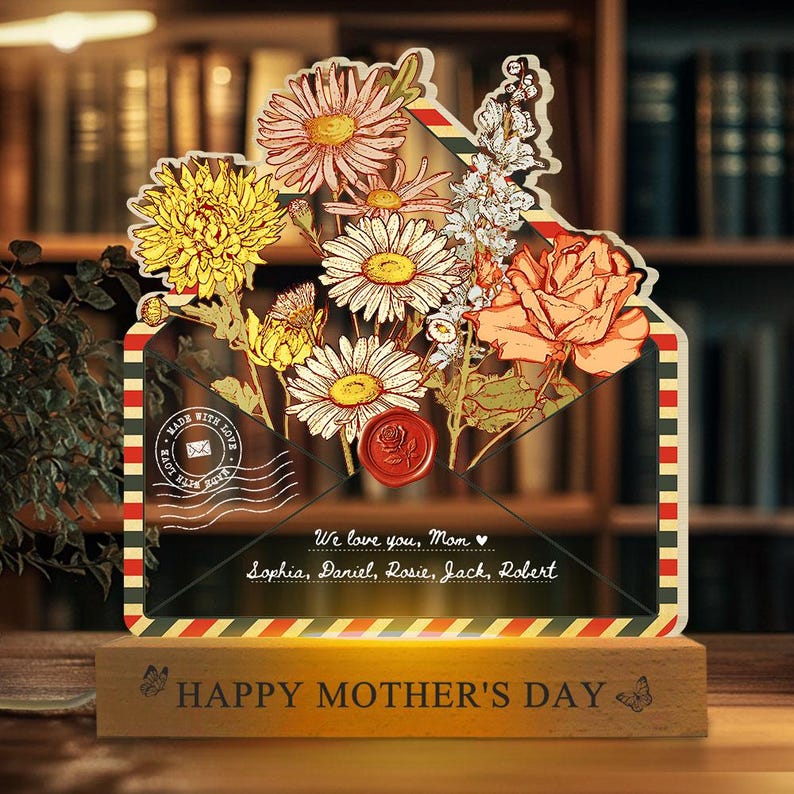 Custom Birth Month Flowers LED Light Lamp Mother's Day Gift For Mom, Grandma's Garden Birthday Gifts Family Keepsake Home Decor