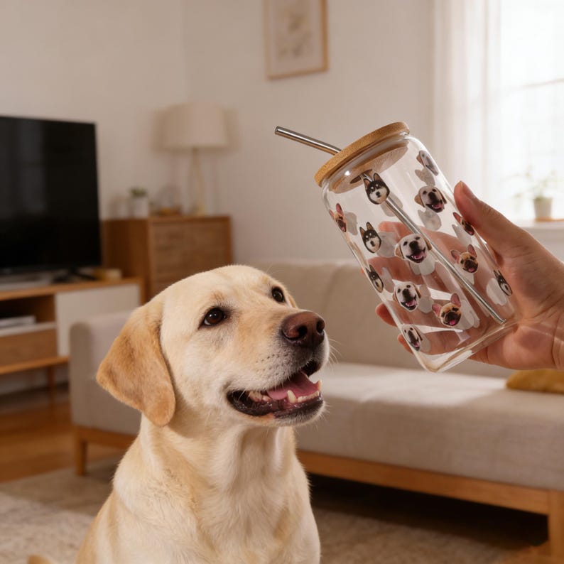Custom Pet Portrait Glass Cup with Bamboo Lid, Personalized Dog Face Glass Can with Straw, Custom 16oz Iced Coffee Glass Tumbler with Photo