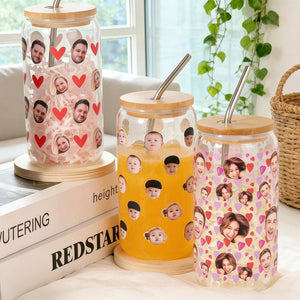 Custom Pet Portrait Glass Cup with Bamboo Lid, Personalized Dog Face Glass Can with Straw, Custom 16oz Iced Coffee Glass Tumbler with Photo