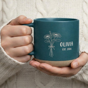 Engraved Birth Flower Coffee Mug, Personalized Pottery Gift, New Grandma Gift, Pregnancy Announcement Mug, Gift for Mom Grandma