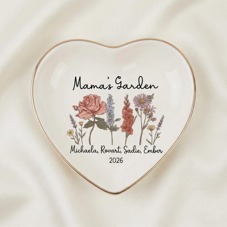 Personalized Mama s Garden Birth Flower Ring Dish, Custom Mom Jewelry Dish with Kids Names, Floral Trinket Dish, Mother s Day Gift for Mom