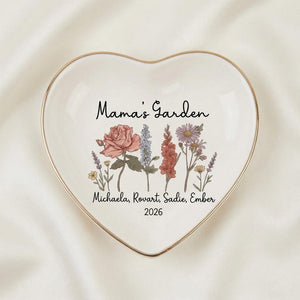 Personalized Mama s Garden Birth Flower Ring Dish, Custom Mom Jewelry Dish with Kids Names, Floral Trinket Dish, Mother s Day Gift for Mom