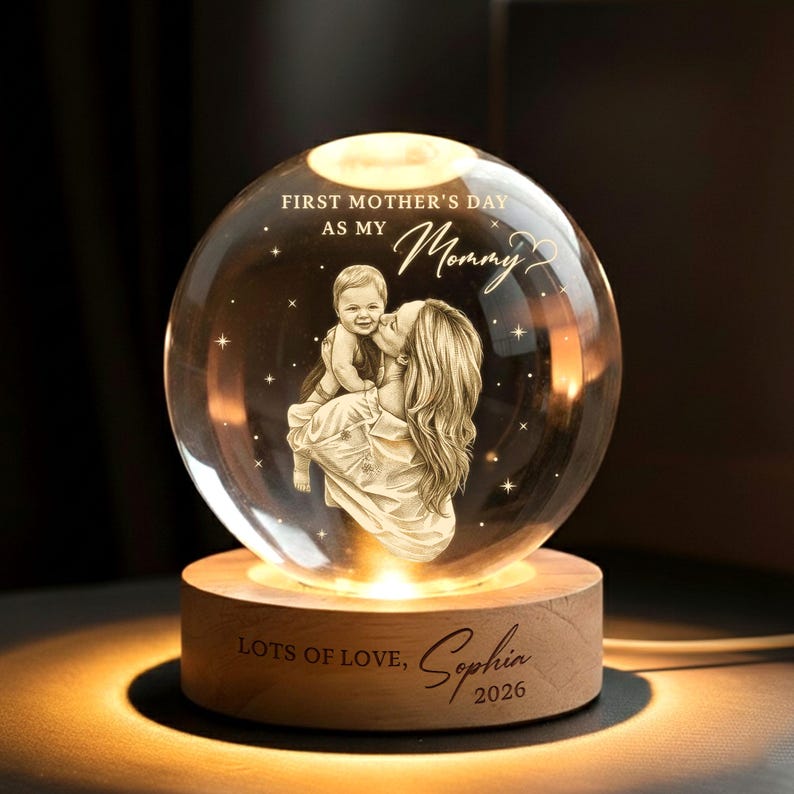 First Mother's Day Photo Crystal Ball Night Light, Personalised Mum Gift New Mum Gift 1st Mothers Day Present from Baby Keepsake, Mama Mom