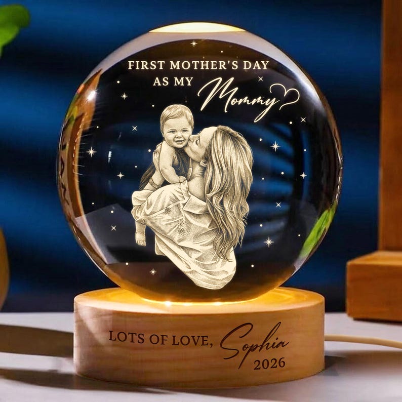 First Mother's Day Photo Crystal Ball Night Light, Personalised Mum Gift New Mum Gift 1st Mothers Day Present from Baby Keepsake, Mama Mom