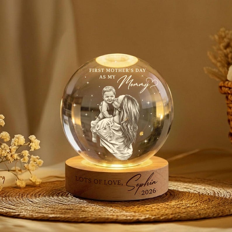 First Mother's Day Photo Crystal Ball Night Light, Personalised Mum Gift New Mum Gift 1st Mothers Day Present from Baby Keepsake, Mama Mom