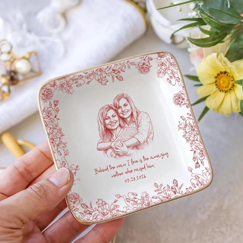 Personalized Mom Photo Jewelry Dish, Mother Of The Bride Gift, Custom Mom Ring Dish, Wedding Day Gift For Mom, Floral Trinket Dish
