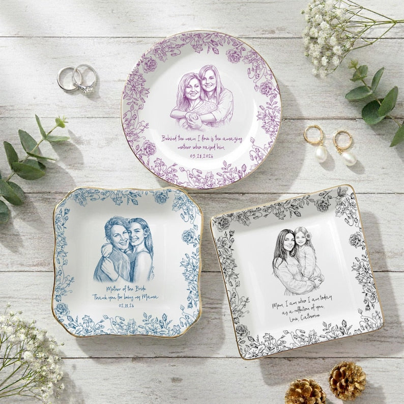 Personalized Mom Photo Jewelry Dish, Mother Of The Bride Gift, Custom Mom Ring Dish, Wedding Day Gift For Mom, Floral Trinket Dish