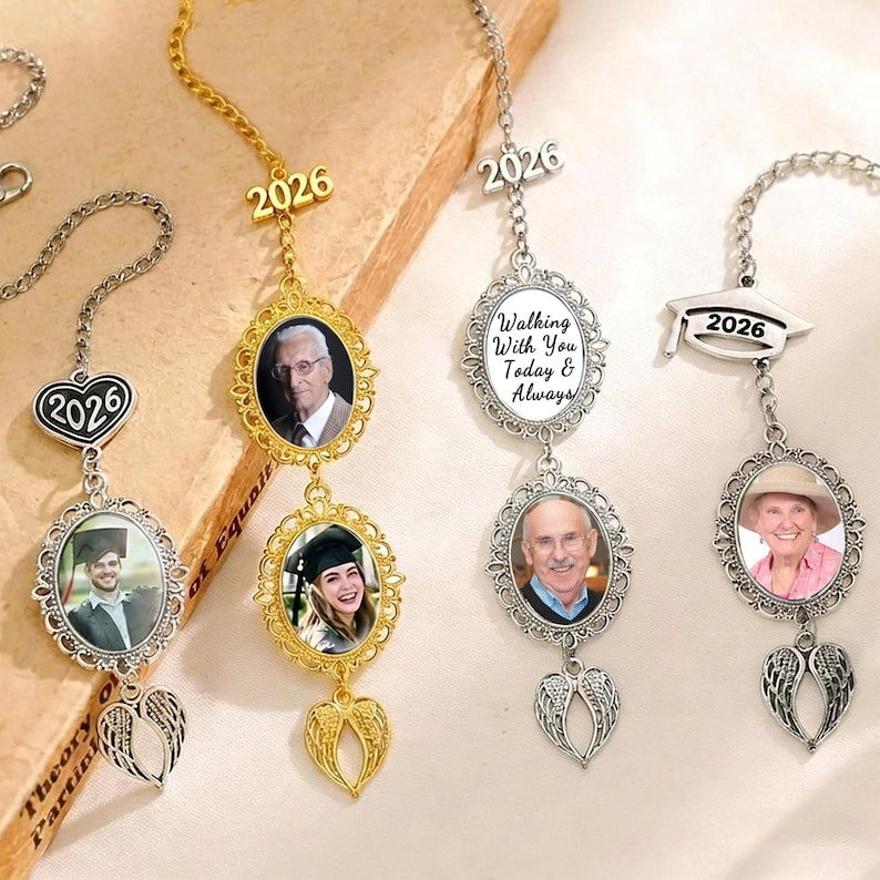 Custom Graduation Tassel Photo&Text Charm with Angel Wing,Memorial Graduation Gift For Him/Her,2026 Graduation Memorial Tassel for grad cap