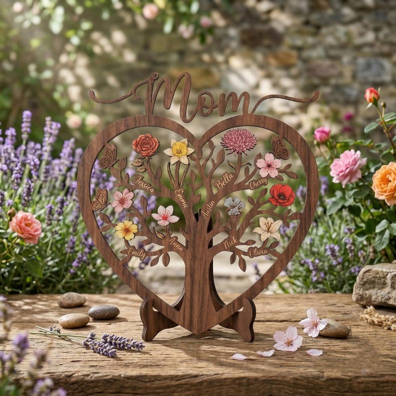 Personalized Family Tree Wooden Sign with Names | Heart Wood Decor | Mother's Day Gift