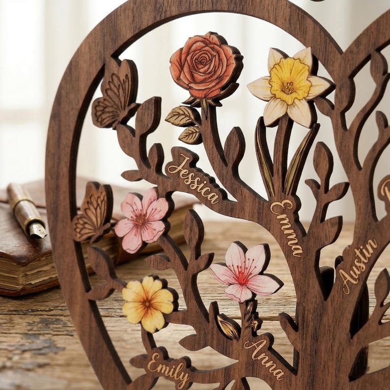 Personalized Family Tree Wooden Sign with Names | Heart Wood Decor | Mother's Day Gift