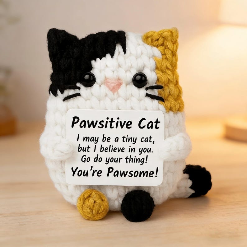 Handmade Crochet Calico Cat Plush | Positive Energy Desk Buddy | Emotional Support Stuffed Animal
