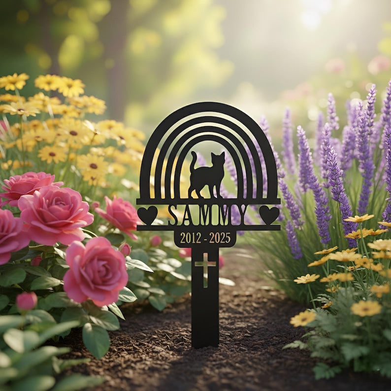 Personalized Cat Memorial Garden Stake, Pet Grave Marker for Cat, Rainbow Bridge Cat Memorial Sign, Custom Cat Loss Gift