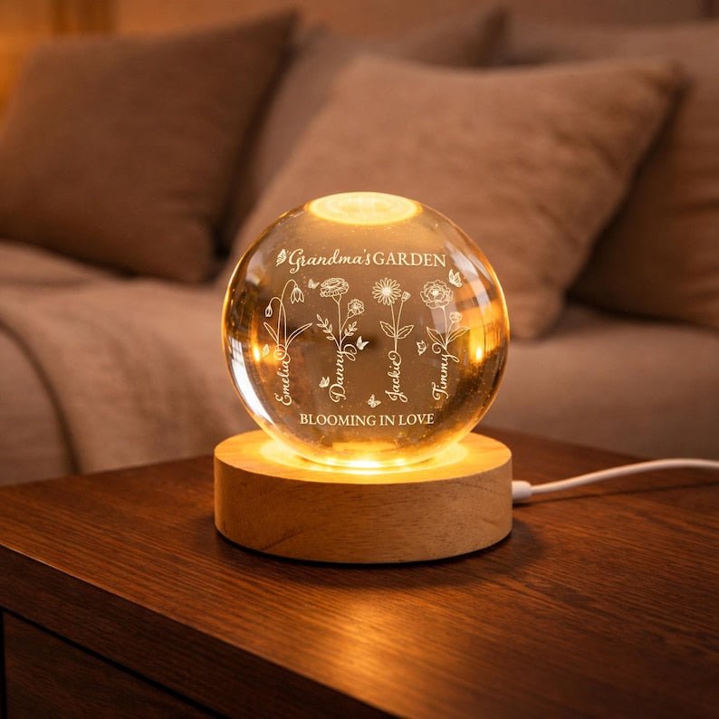 Personalized Grandma's Garden Crystal Ball Nightlight, Custom Family Birth Month Flowers Nightlight, Mother's Day Gift for Mom, Grandma Gift