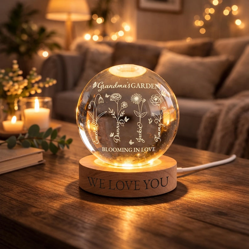 Personalized Grandma's Garden Crystal Ball Nightlight, Custom Family Birth Month Flowers Nightlight, Mother's Day Gift for Mom, Grandma Gift