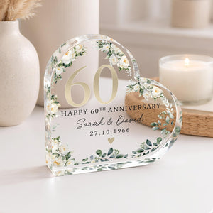 Personalized 60th Wedding Anniversary Gift Plaque, Polished Clear Acrylic Heart Special Date Keepsake