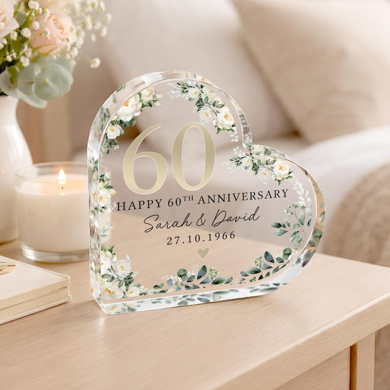 Personalized 60th Wedding Anniversary Gift Plaque, Polished Clear Acrylic Heart Special Date Keepsake