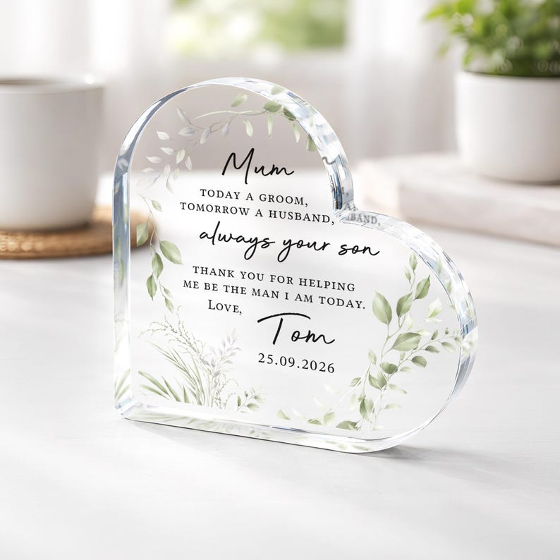 Personalised Mother of the Groom Gift, Parents of the Groom Bride Keepsake Heart Frame, Polished Acrylic