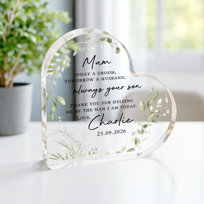 Personalised Mother of the Groom Gift, Parents of the Groom Bride Keepsake Heart Frame, Polished Acrylic