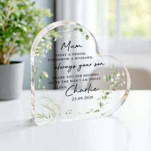 Personalised Mother of the Groom Gift, Parents of the Groom Bride Keepsake Heart Frame, Polished Acrylic