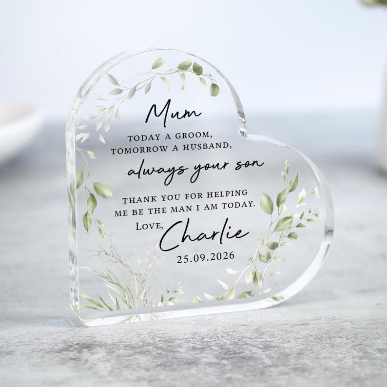 Personalised Mother of the Groom Gift, Parents of the Groom Bride Keepsake Heart Frame, Polished Acrylic